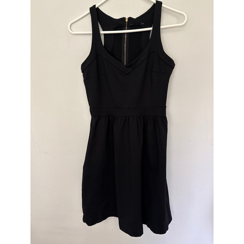 H&M Fit and Flare Dress Women Small Black Excellent Racerback Gold Zipper V-Neck